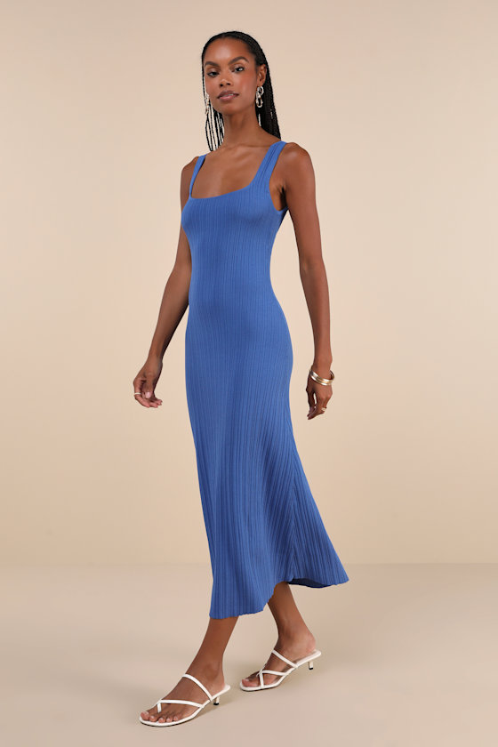 Lulus Majorly Stylish Blue Ribbed Knit Sleeveless A-line Midi Dress In Blue