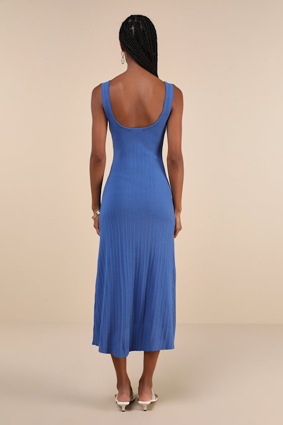 Lulus Majorly Stylish Blue Ribbed Knit Sleeveless A-line Midi Dress In Blue