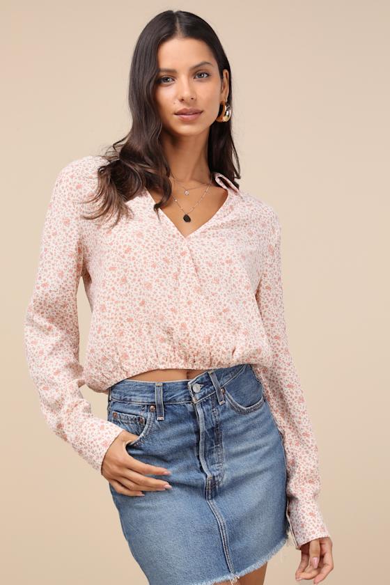 Lulus Convincingly Darling Ivory Floral Collared Long Sleeve Top In Ivory