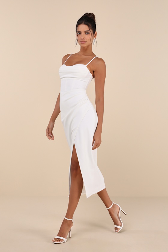 Lulus Always Turning Heads White Bustier Tulip Midi Dress In White