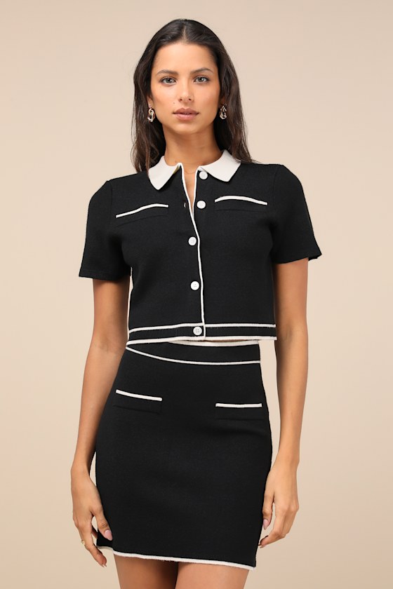 Upscale Look Black and Ivory Knit Collared Two-Piece Mini Dress 1