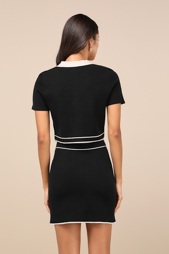 Lulus Upscale Look Black And Ivory Knit Collared Two-piece Mini Dress In Black And Ivory