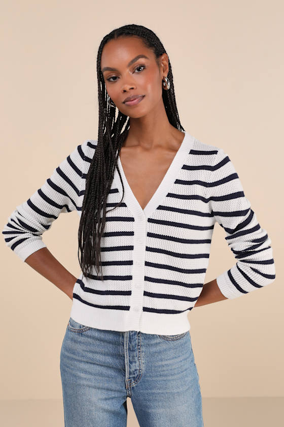 Lulus Charming Element Ivory And Navy Striped Cardigan Sweater In Navy
