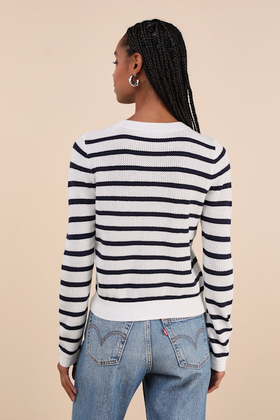 Lulus Charming Element Ivory And Navy Striped Cardigan Sweater In Navy