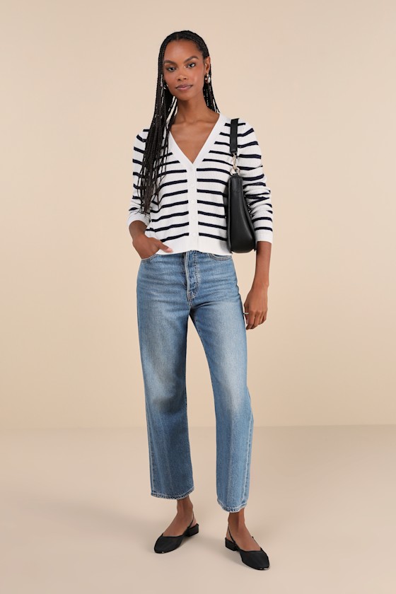 Lulus Charming Element Ivory And Navy Striped Cardigan Sweater In Navy