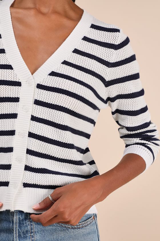 Lulus Charming Element Ivory And Navy Striped Cardigan Sweater In Navy