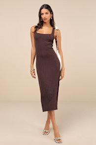 Majorly Stylish Brown Ribbed Knit Sleeveless A-Line Midi Dress 2