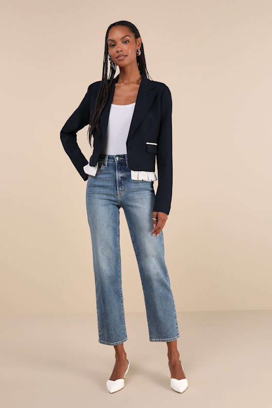Navy Blue Blazer Ruffled Blazer Peaked Lapel Blazer Blazer Lulus