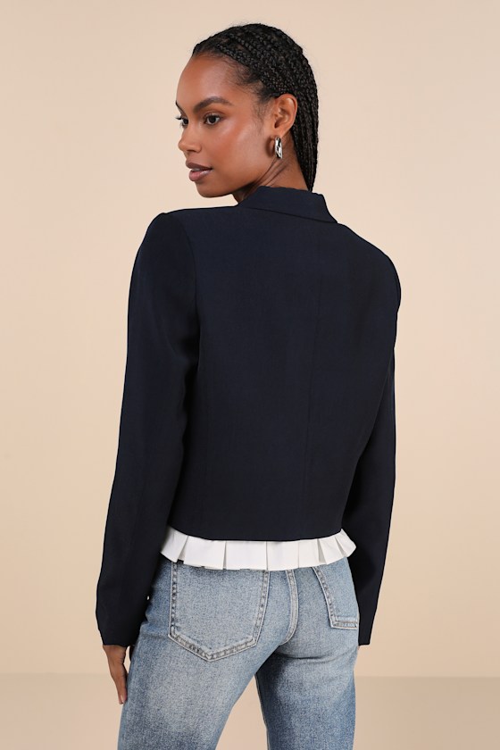 Lulus Preppy Charm Navy Blue Ruffled Blazer In Navy Blue