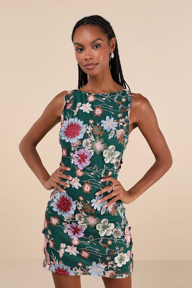 Special Something Green 3D Floral Embroidered Mini Dress