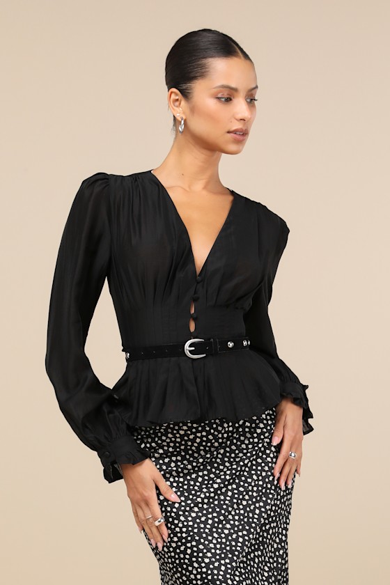 Lulus Advanced Style Black Pleated V-neck Long Sleeve Top In Black
