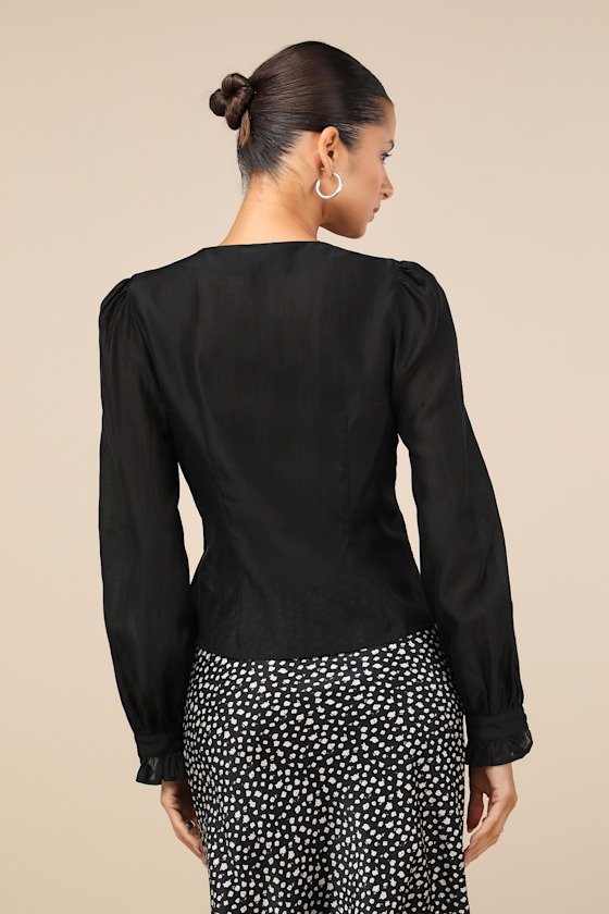 Lulus Advanced Style Black Pleated V-neck Long Sleeve Top In Black