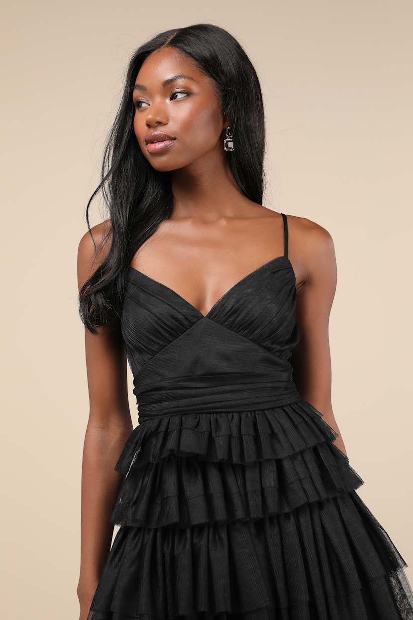 tulle-proof black tulle beaded tie-shoulder tiered mini dress A-line Off-the-Shoulder Tulle Short/Mini Homecoming Dress with Beading Sequins S8564H - Homecoming Dresses