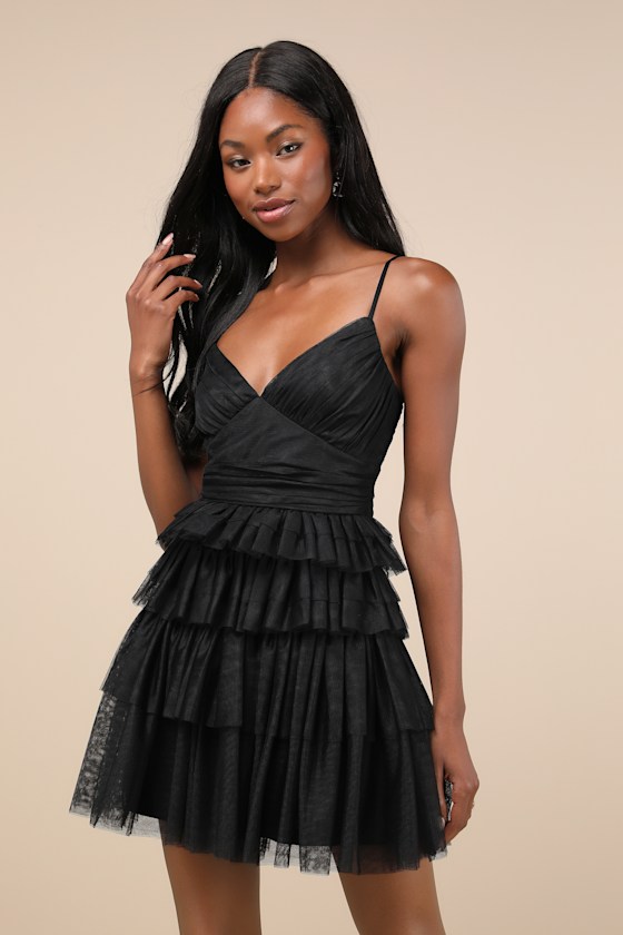 Special Poise Black Tulle Pleated Sleeveless Tiered Mini Dress 2