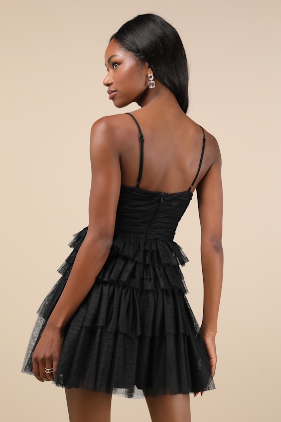 Lulus Special Poise Black Tulle Pleated Sleeveless Tiered Mini Dress In Black