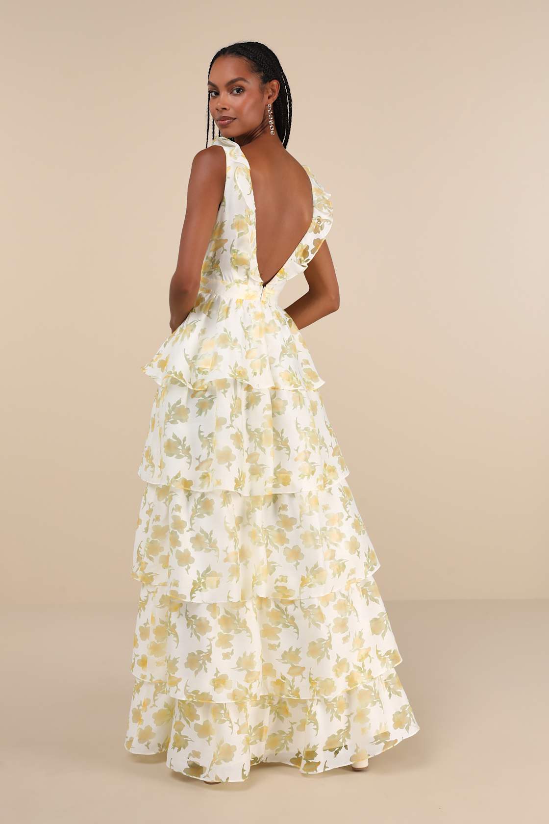 Aesthetic Aura Ivory and Yellow Floral Burnout Tiered Maxi Dress