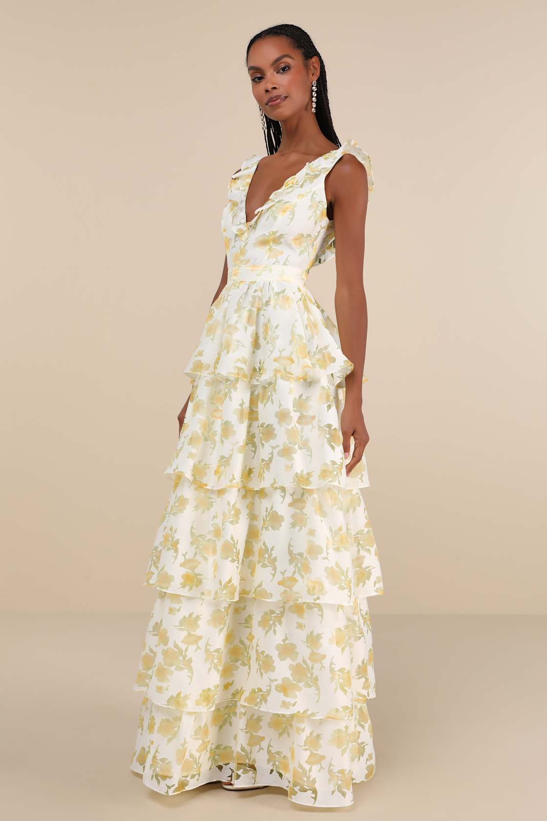 Aesthetic Aura Ivory and Yellow Floral Burnout Tiered Maxi Dress