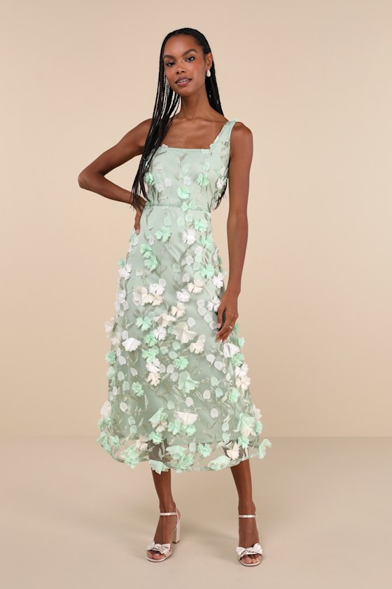 Elite Cutie Mint Green Mesh 3D Floral Embroidered Midi Dress 2