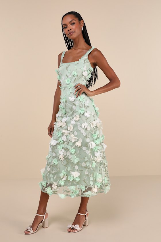 Lulus Elite Cutie Mint Green Mesh 3d Floral Embroidered Midi Dress In Mint Green