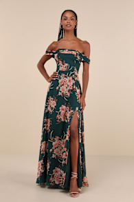 Regal Finesse Emerald Green Floral Off-the-Shoulder Maxi Dress