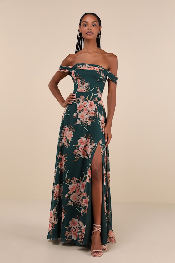Regal Finesse Emerald Green Floral Off-the-Shoulder Maxi Dress 2