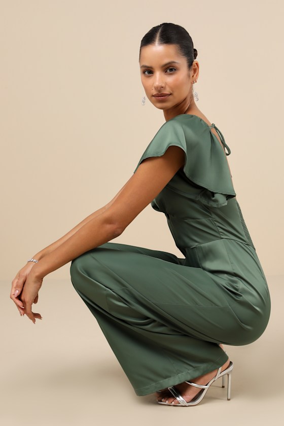 LULUS AMAZING PERFECTION DARK SAGE GREEN SATIN FLUTTER SLEEVE JUMPSUIT