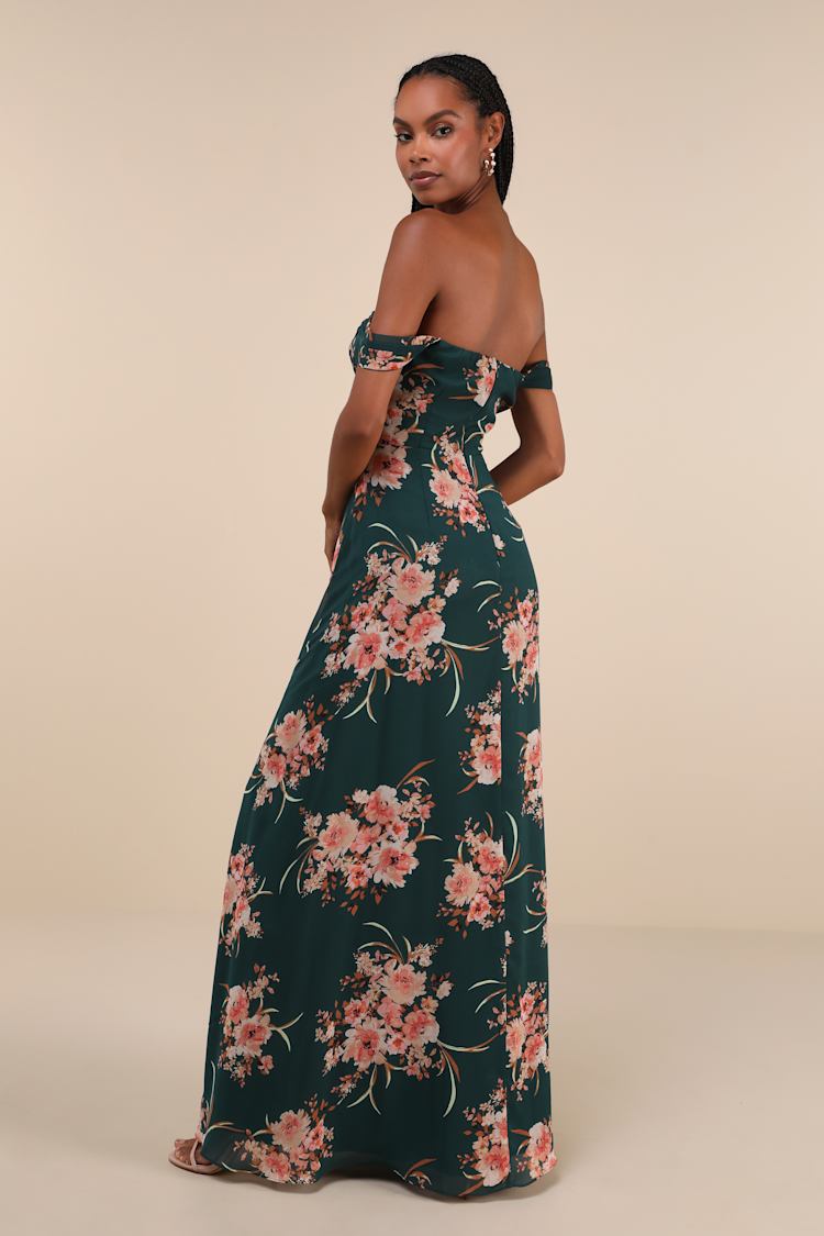Regal Finesse Emerald Green Floral Off-the-Shoulder Maxi Dress