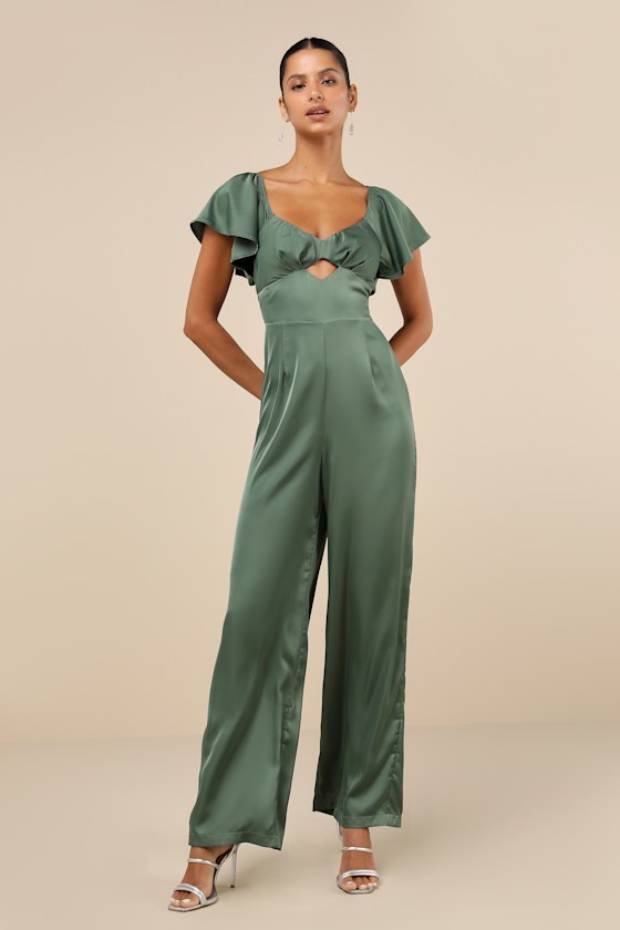 LULUS AMAZING PERFECTION DARK SAGE GREEN SATIN FLUTTER SLEEVE JUMPSUIT