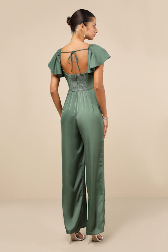 LULUS AMAZING PERFECTION DARK SAGE GREEN SATIN FLUTTER SLEEVE JUMPSUIT