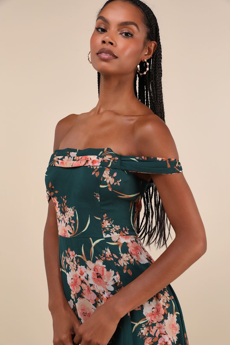 Regal Finesse Emerald Green Floral Off-the-Shoulder Maxi Dress