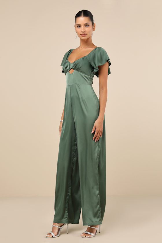 LULUS AMAZING PERFECTION DARK SAGE GREEN SATIN FLUTTER SLEEVE JUMPSUIT