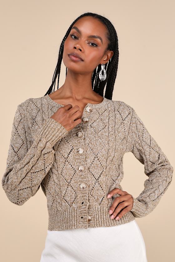 Bundled Cutie Tan Marled Cable Knit Cardigan Sweater 1