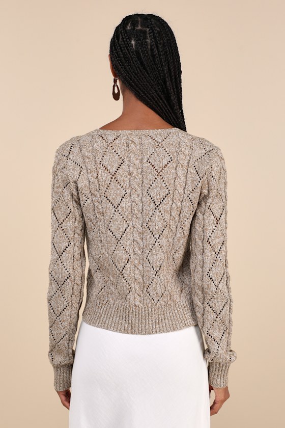 LULUS BUNDLED CUTIE TAN MARLED CABLE KNIT CARDIGAN SWEATER