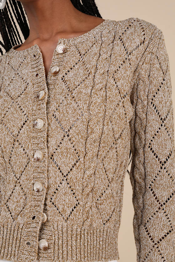 LULUS BUNDLED CUTIE TAN MARLED CABLE KNIT CARDIGAN SWEATER