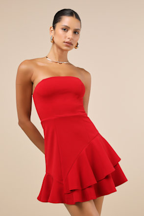 open lace back dress Crotoy Strapless Bubble Hem Mini Dress | Red | Womens
