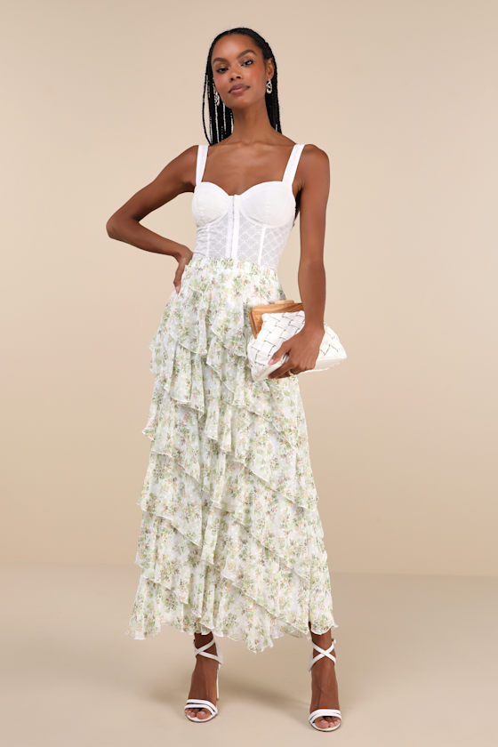 Ivory Floral Print Skirt - Tiered Midi Skirt - Ruffly Midi Skirt - Lulus
