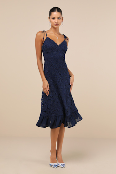 Compelling Sweetness Navy Blue Lace Tie-Strap Midi Dress