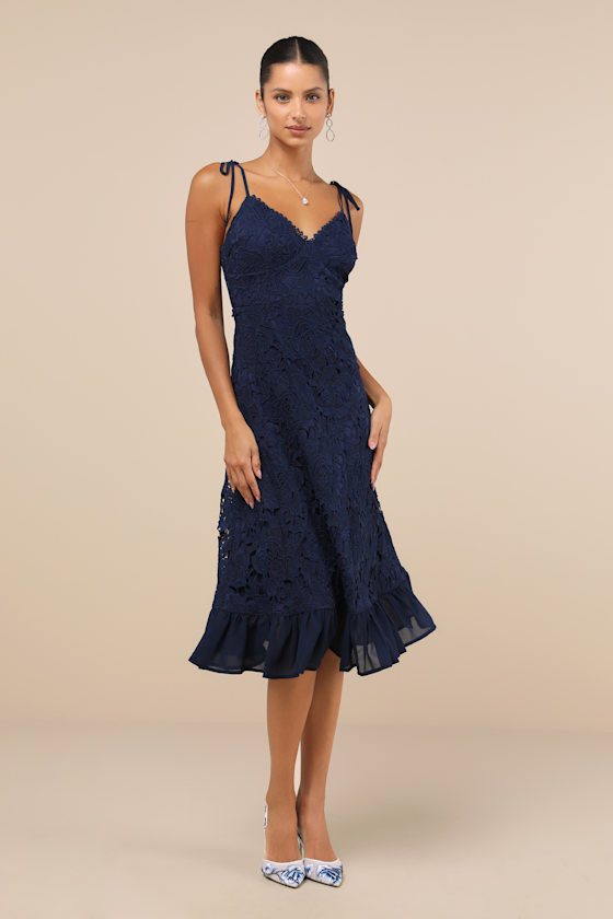 Compelling Sweetness Navy Blue Lace Tie-Strap Midi Dress 3