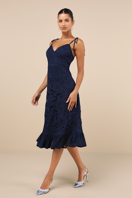 Lulus Compelling Sweetness Navy Blue Lace Tie-strap Midi Dress In Navy Blue