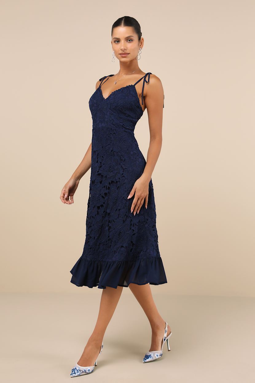 doen navy blue contrast lace-trim midi dress Buy Friends Like These X Lucy Mecklenburgh Navy Blue Lace Trim Satin V-Neck Midi  Dress from Next USA