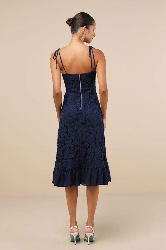 Lulus Compelling Sweetness Navy Blue Lace Tie-strap Midi Dress In Navy Blue