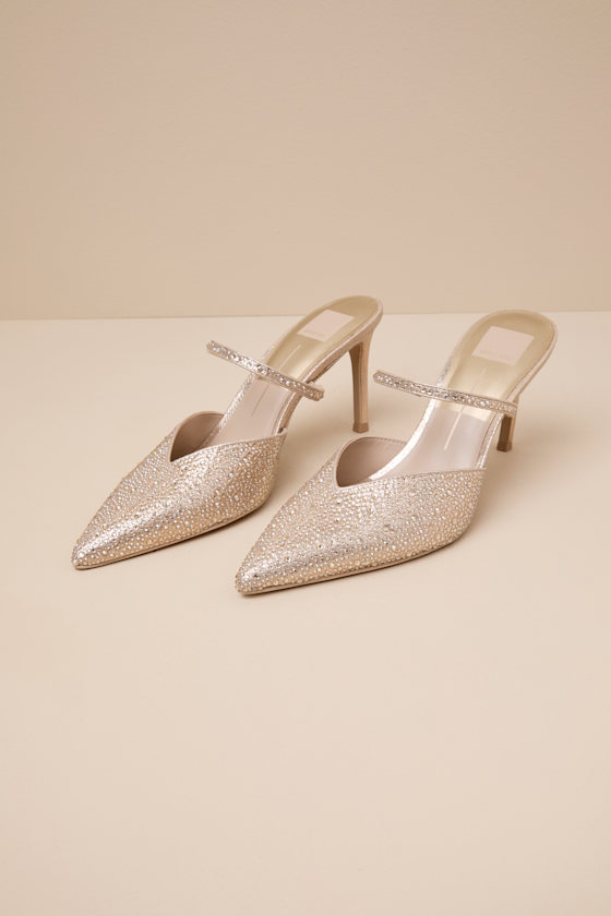 Kanika Light Gold Fabric Rhinestone Pointed-Toe Mule Pumps 2