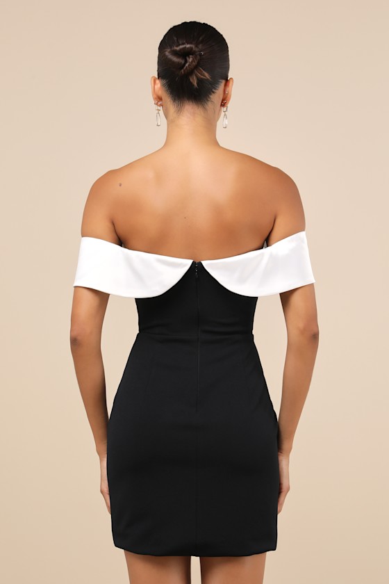 Lulus Extravagant Moment Black And White Off-the-shoulder Mini Dress In Black And White