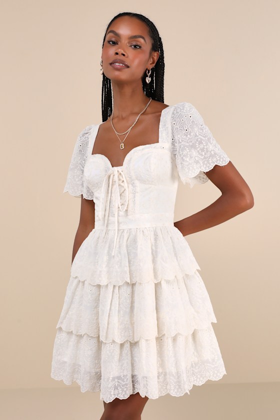 Lulus Inclined To Charm Ivory Embroidered Tiered Lace-up Mini Dress In Ivory