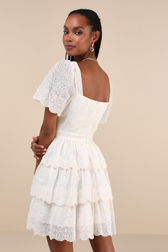 Lulus Inclined To Charm Ivory Embroidered Tiered Lace-up Mini Dress In Ivory