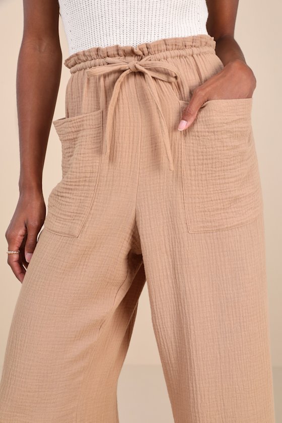 Relaxed Poise Tan Cotton Textured Drawstring Wide-Leg Pants 1