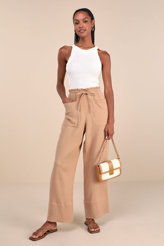 Relaxed Poise Tan Cotton Textured Drawstring Wide-Leg Pants 2