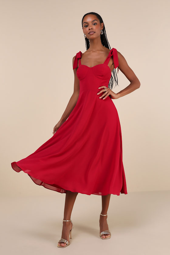 Sophisticated Charisma Berry Red Tie-Strap A-Line Midi Dress 2