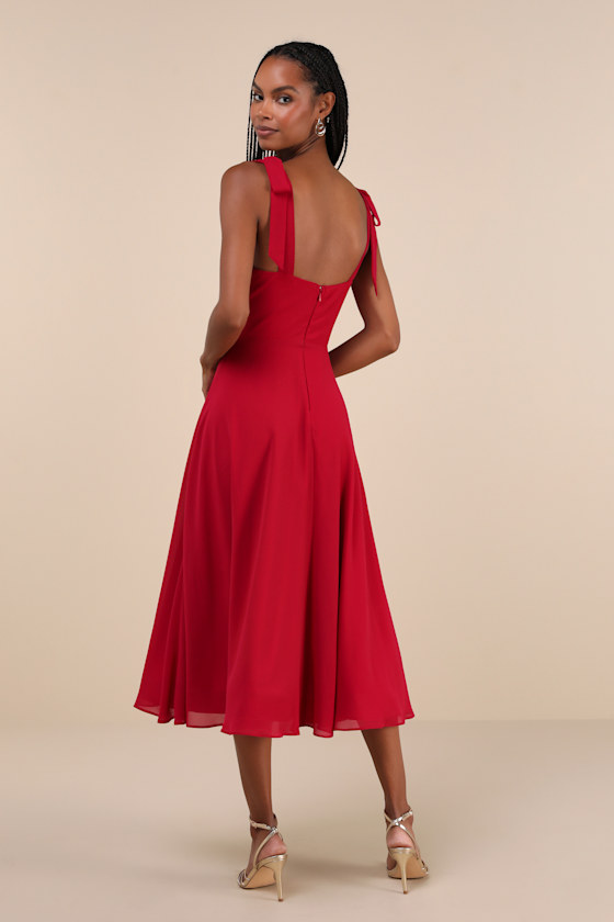 Sophisticated Charisma Berry Red Tie-Strap A-Line Midi Dress 4