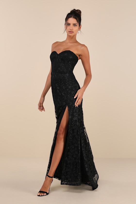 Lulus Romantic Beauty Black Floral Embroidered Strapless Maxi Dress In Black